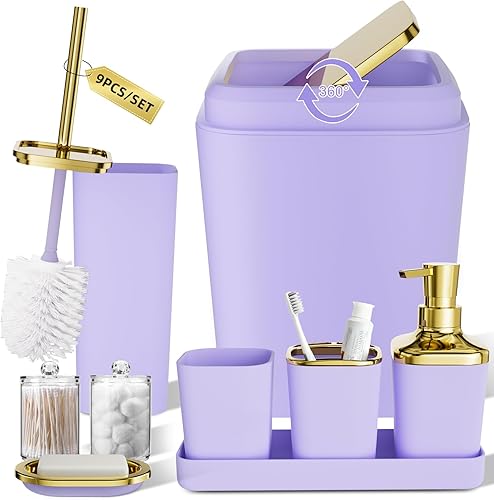 Miniatura 31 de Juego de accesorios de baño, juego de 9 piezas en color blanco con papelera, bandeja, dispensador de jabón, soporte para cepillo de dientes, vaso