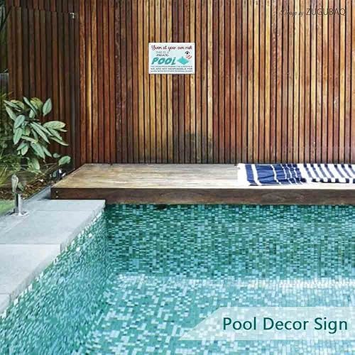 Miniatura 5 de Letrero decorativo de hojalata para piscina, con texto en inglés Swim At Your Own Risk This Is A Private Pool, letrero de metal duradero para