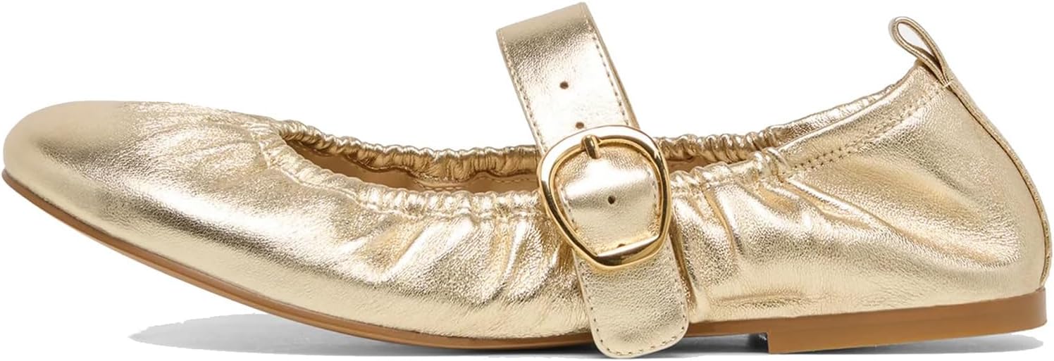 Ruched Ballet Flats for Women Buckle Strap Mary Jane Flat Slip On Suede Round Toe Comfort Cute Dress Ballerina Shoes