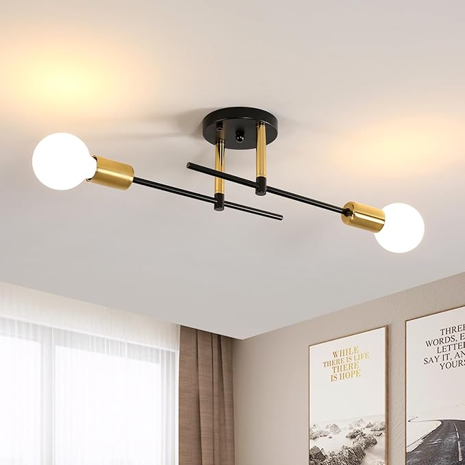 Riserva Riserva Industriële plafondlamp, vintage plafondlamp E27, 2 lampen, moderne Sputnik kroonluchter van metaal, doe-het-zelf vorm, plafondlamp voor woonkamer, slaapkamer, keuken, hal, zwart en goud