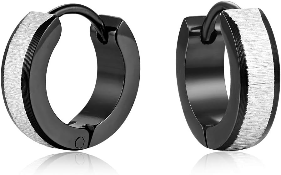 Mens Womens Silver Black Huggie Hinged Hoop Earrings, Laser Stripes, Stainless Steel, Classic - Image 2