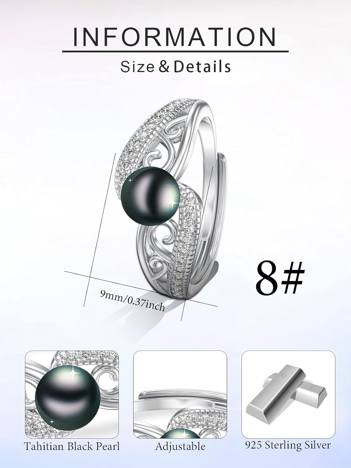 Tahitian Black Pearl Ring Adjustable 18K White Gold Plated 925 Sterling Silver Black Pearl Jewelry Gift for Women Her - Image 4