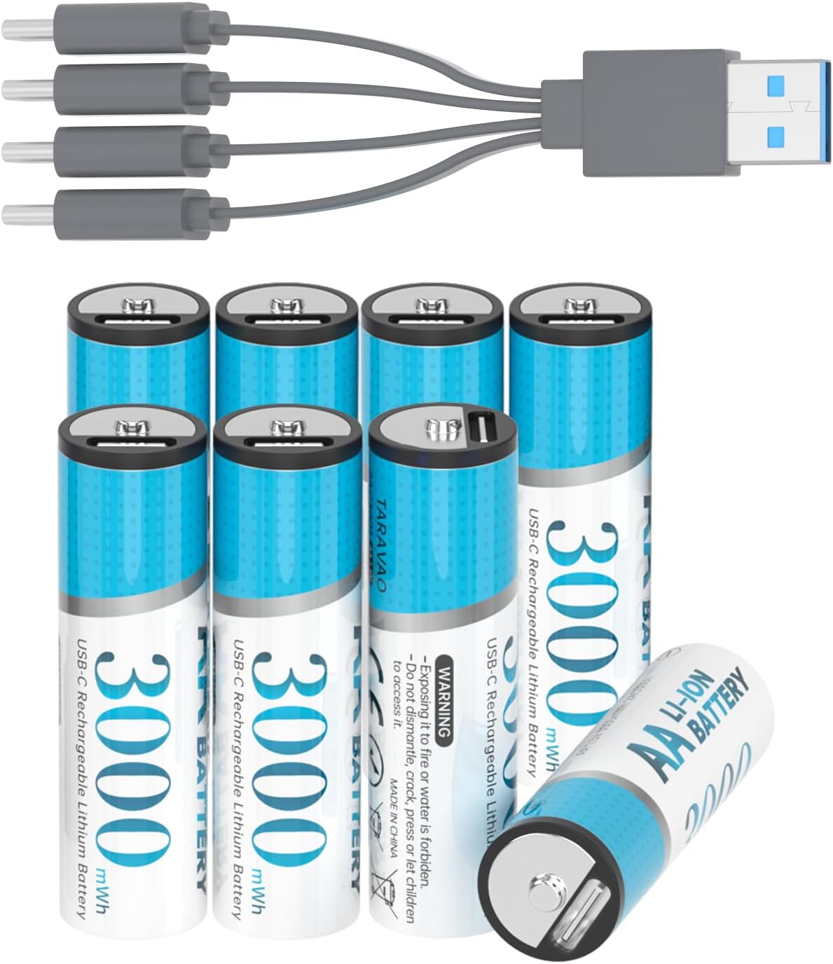 TARAVAO 1.5V USB-C Rechargeable AA Lithium Batteries 8 Pack, 3000mWh Long-Lasting Double A Li-ion Cells, 1000+ Cycles High Power Battery for Wireless Mouse, Flashlights, Controllers