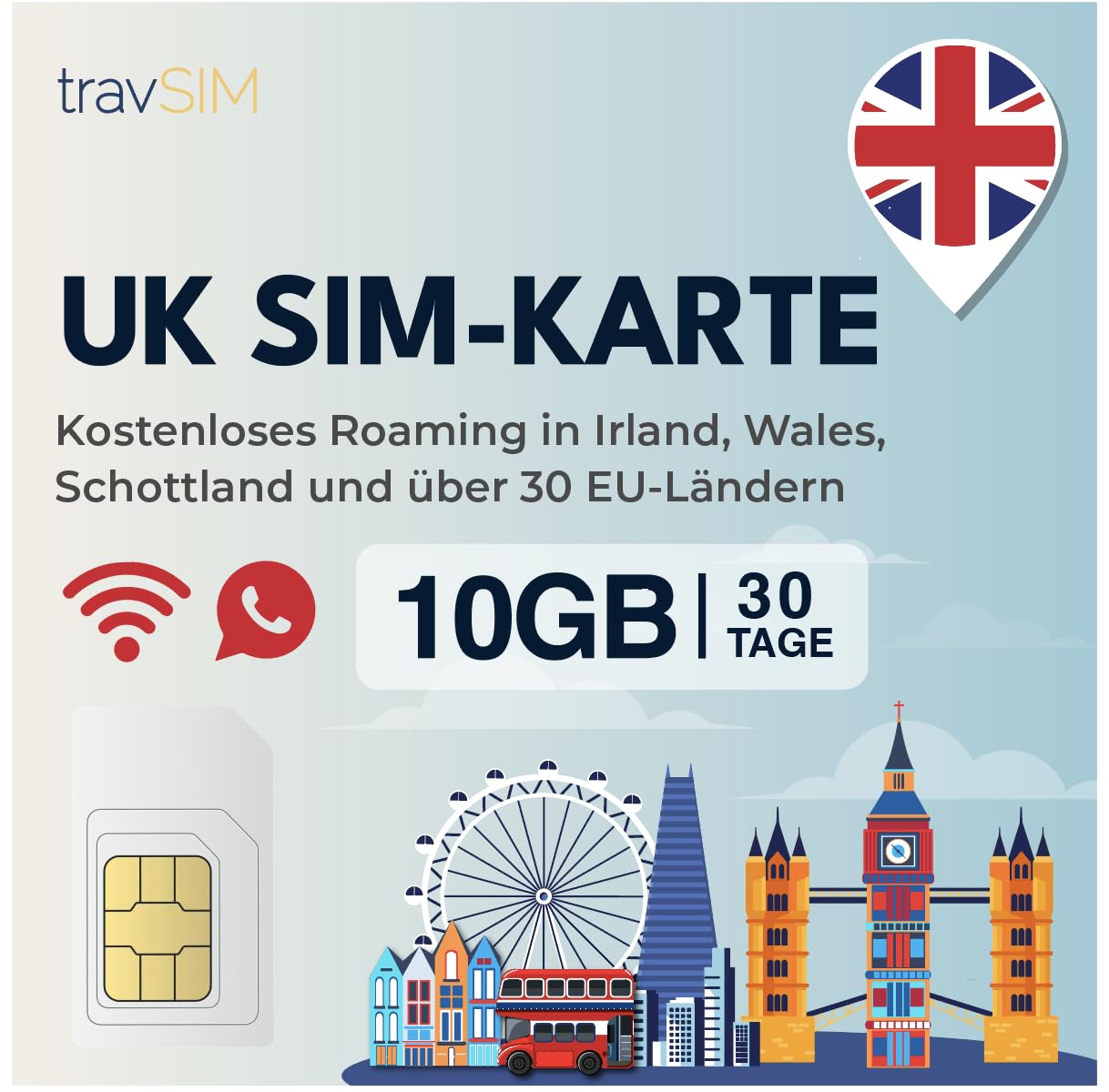 travSIM UK SIM Karte | 10 GB + unbegrenzte Anrufe und SMS innerhalb Großbritanniens | Roaming in über 30 EU-Ländern, darunter Irland, Schottland und Wales | SIM Karte UK ist 30 Tage lang gültig