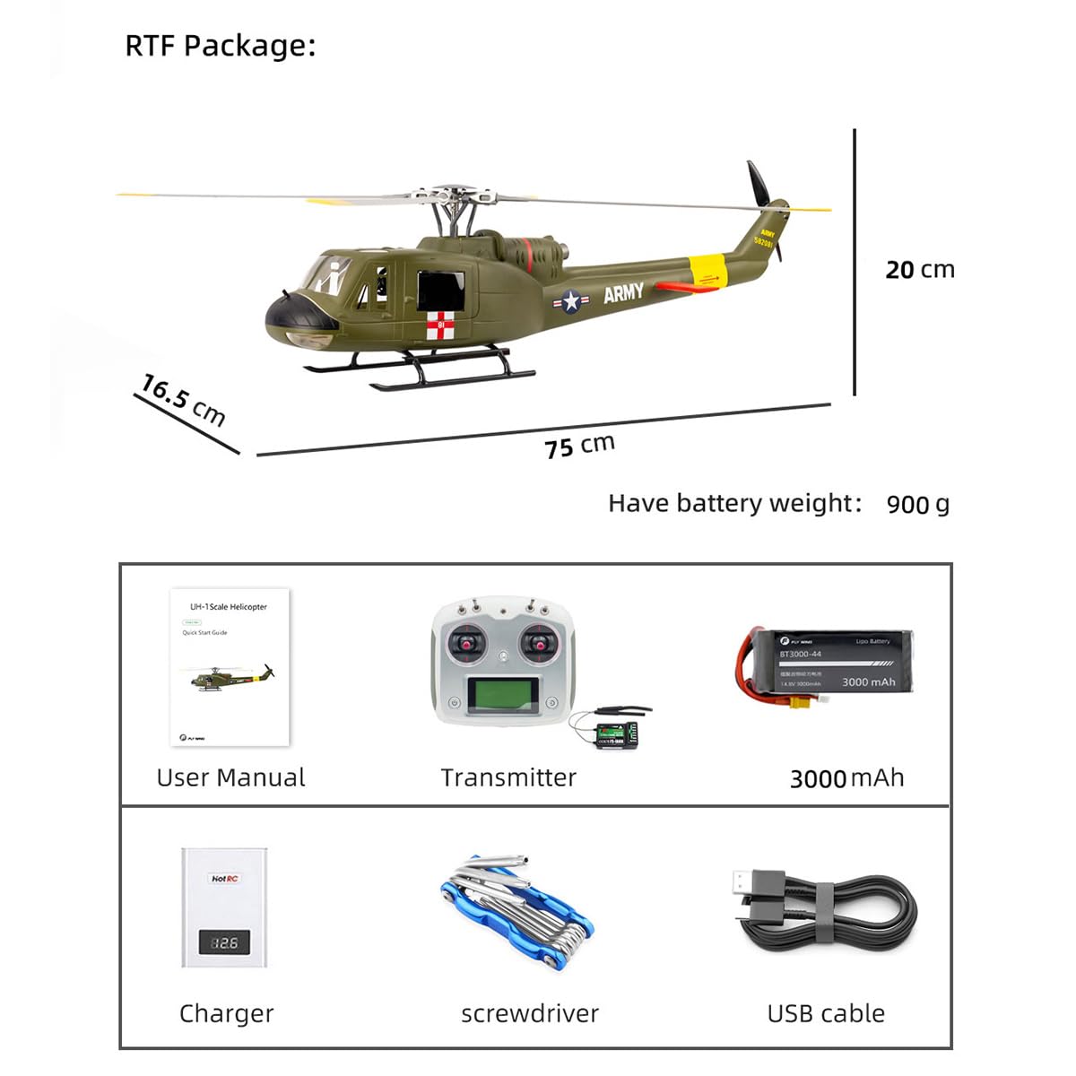 Elicottero RC per adulti, UH1-V4 Huey 470-Class 2.4G RC 6CH aereo elettrico con controllo di volo H1, quattro modalità di volo e posizionamento GPS, regalo per lui (versione RF)