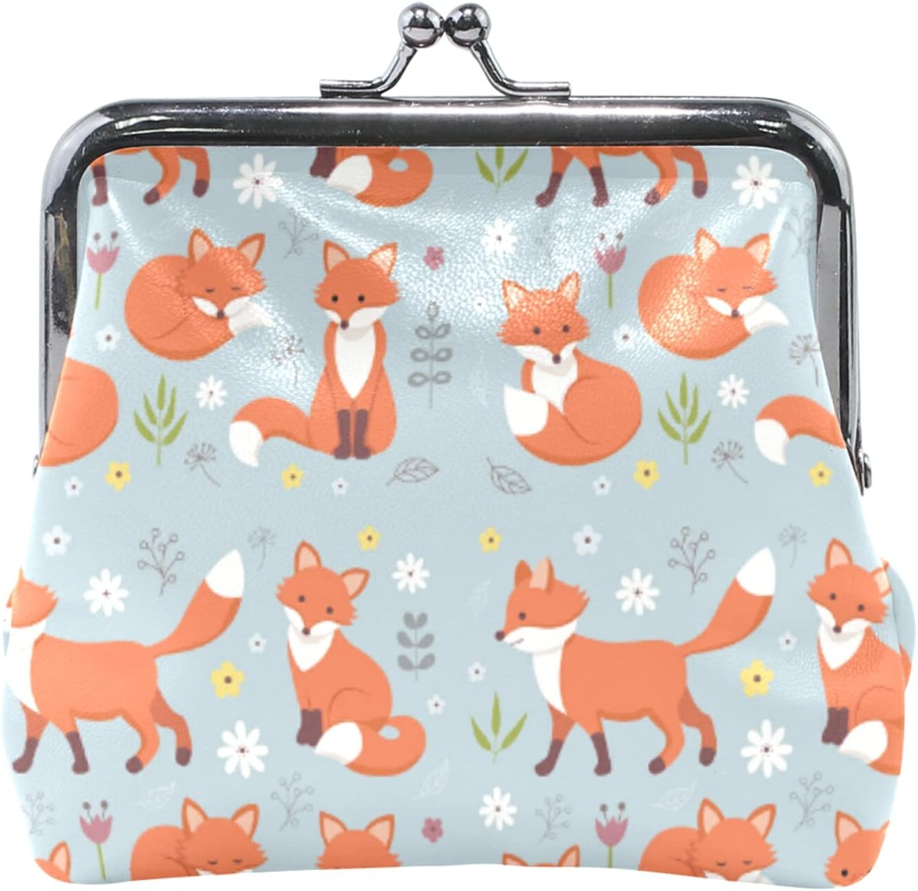 Orange Cartoon Foxes Floral Flowers Light Blue Background Women Leather Mini Buckle Coin Purse, Clasp Kiss Lock Closure Card Key Change Wallet for Women Girls Men Girl
