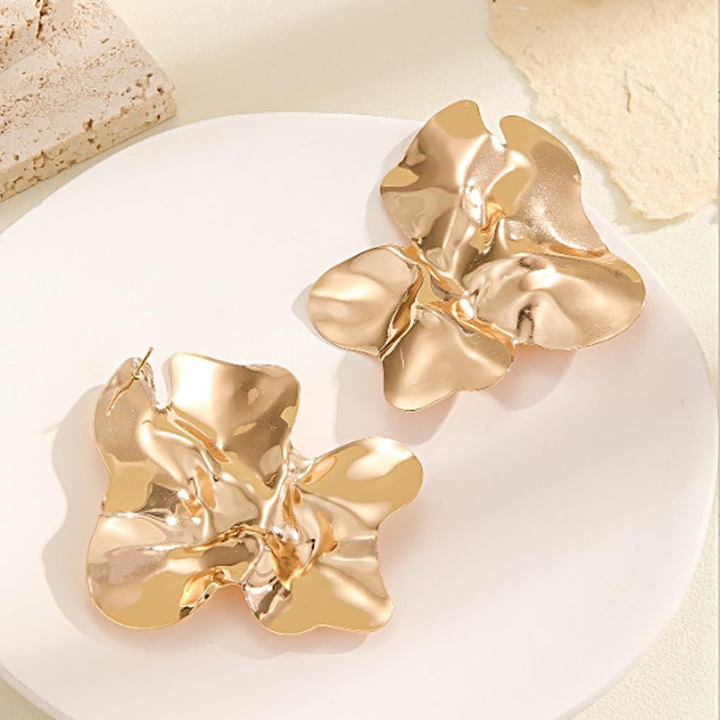 Big Chunky Gold Flower Stud Earrings for Women,Vintage Bohemian Geometric Metal Petal Statement Earrings,Personalized Jewelry Accessories Gifts - Image 6