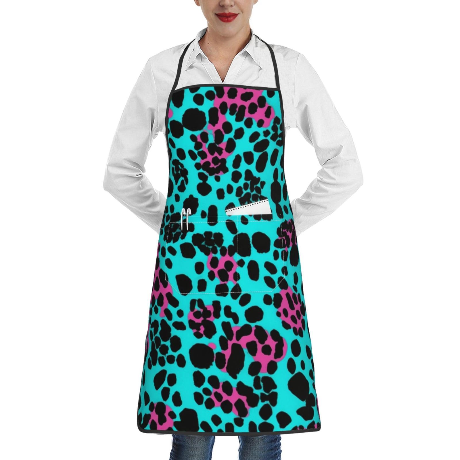 Tabliers turquoise léopard mignons pour femmes et hommes, imperméables et ajustables, avec 2 poches, doux et résistants, parfaits pour la cuisine, la pâtisserie, la peinture, le jardinage et le soin d