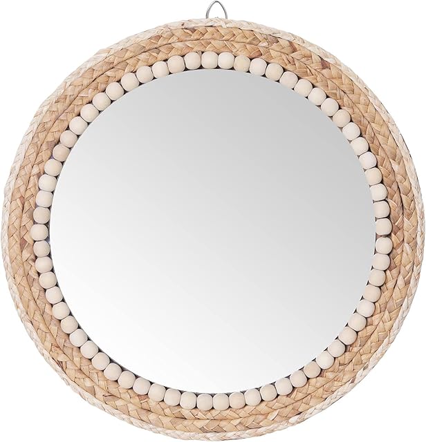 C&Z 15 Inch Boho Round Hanging Wall Mirror Decorative Rattan Circle Wall Mounted Mirror for Farmhouse, Living Room, Bedroom, Bathroom