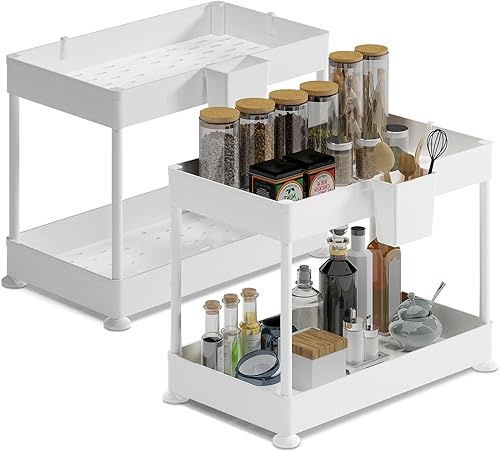 Organizadores y almacenamiento para debajo del fregadero Organizador de gabinete de baño, estante de fregadero con ganchos de utilidad y