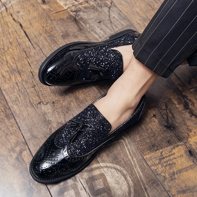 HOOENG Formal Shoes for Men Slip On Round Toe PU Leather Brogue Embossed Patchwork Tassel Non Slip Anti-Slip Block Heel Working(Color:Black,Size:12)4
