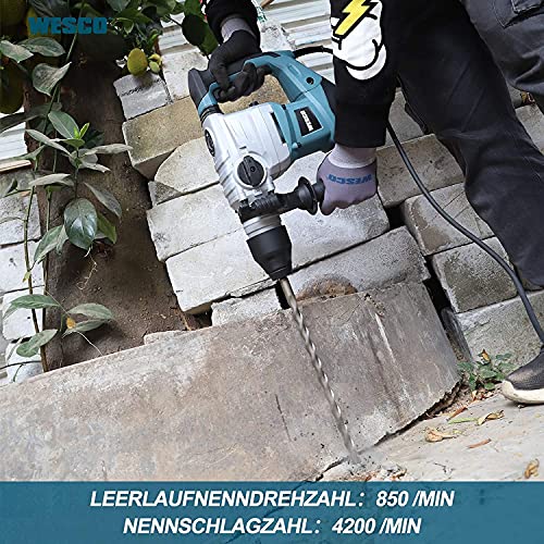 WESCO SDS plus AC Bohrhammer Bohrhämmer Bohrmaschine Abbruchhammer Beton Bohrer 1500W Hammer Drill Tiefenanschlag 5.5J Bohrleistung in Beton 32mm Bohr-Meißel-Set Anti-Vibration Sicher Kupplung Koffer – Bild 7