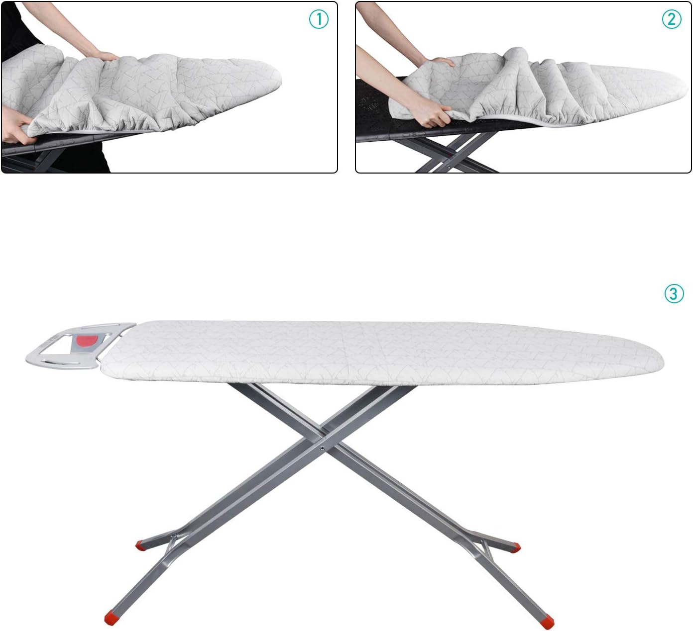 Ironing Board Cover and Pad, Extra Thick Padding Silver Coated Scorch and Stain Resistant 15 x 54 inch Replacement Iron Board Cover with Elastic Edge, 4 Fasteners 1 Protective Scorch and 1 Mesh Cloth