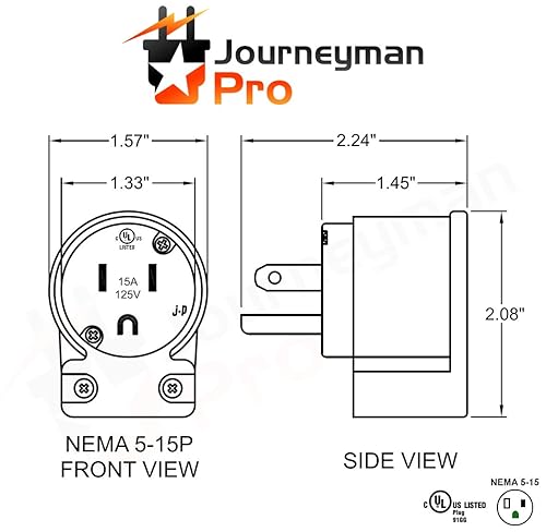 Miniatura 5 de Journeyman-Pro 515AN 15 Amp 120-125 voltios, NEMA 5-15P, 2 polos, 3 cables, hoja recta, enchufe macho de ángulo recto de 90 grados, salida de