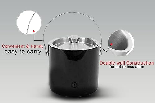 Miniatura 9 de Cubo de hielo con tapa, cubo de hielo negro aislado para barra de cóctel con pinza para hielo, acero inoxidable de doble pared, 1.75 L, 1.84 cuartos