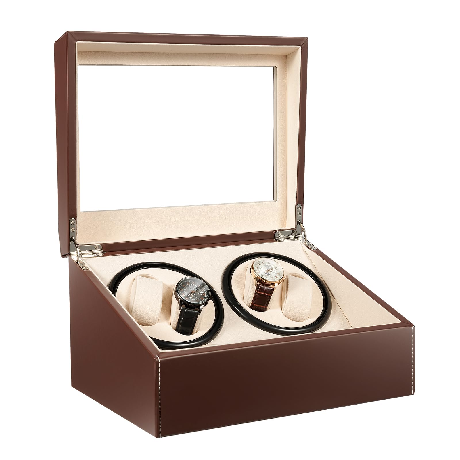 Uhrenbeweger 4+6 Automatikuhren Leise Uhrenbox Braun PU-Leder Uhrendreher | Uhrenbeweger 4+6 (10dB leise) 2 unabhängige Motoren, bidirektional & antimagnetisch Braune PU-Box mit 6 Fächern & Glasfenster