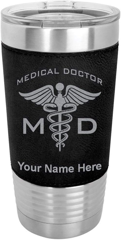 LaserGram 20oz Vacuum Insulated Tumbler Mug, MD Medical Doctor, Personalized Engraving Included (Faux Leather, Black)