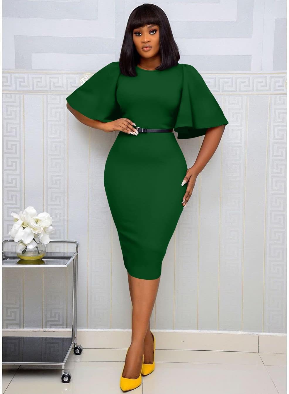 Memoriesea Women's Basic Bodycon Ruffle Flared Short Sleeve Pencil Midi Dress - Image 6