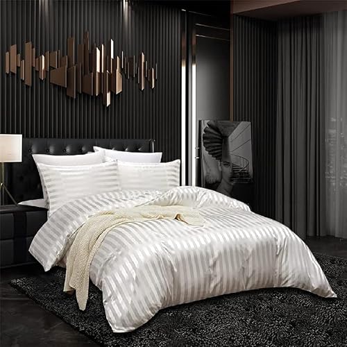 Sisher 5Pcs White Comforter Set, Stripe Silk Bedding Sets For Man Woman, Luxury Rich Bed In A Bag King (1 Comforter, 2 Pillowcases, 1 Flat Sheet, 1 Fitted Sheet) #TOP1