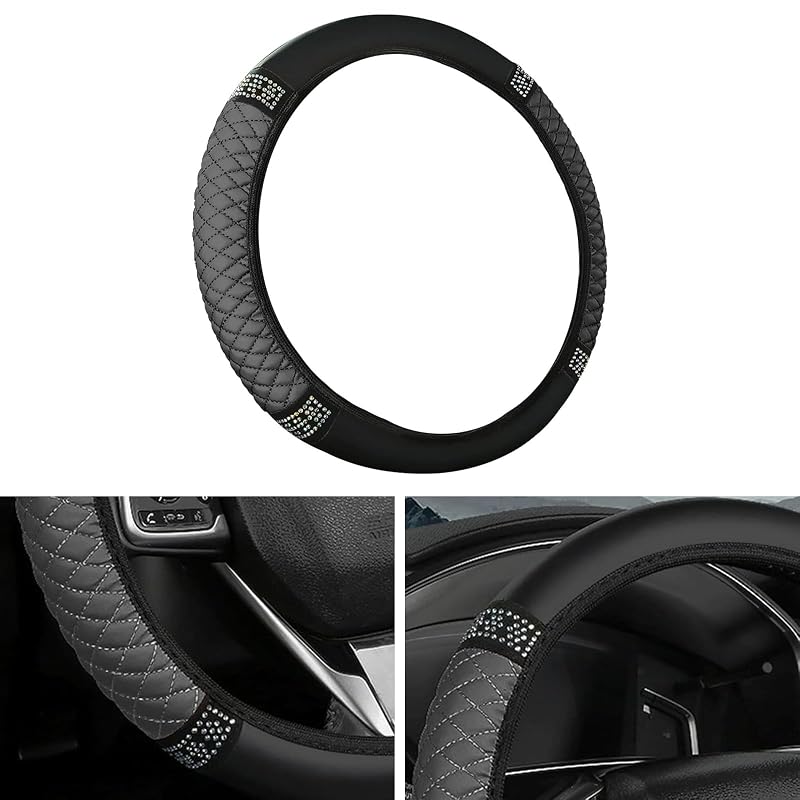 Capa para Volante com Strass Vioziis em Couro Sintético Macio, Cinza, para Volantes de 36,8 a 38,1 cm