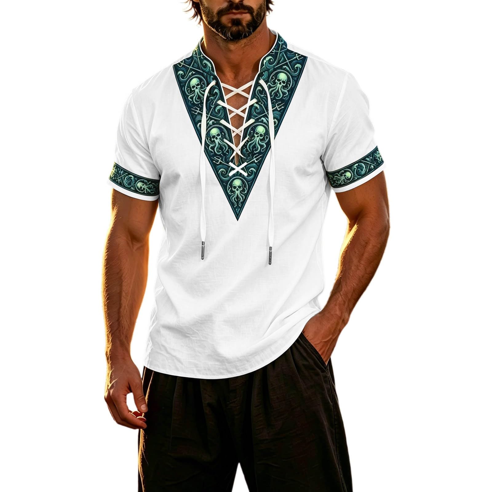 Summer Shirts for Men Short Sleeve Medieval Pirate Scottish Ghillie Shirt — image 1
