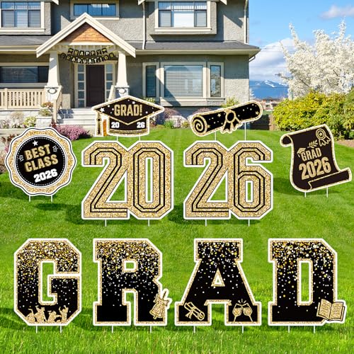 2026 Graduation Decorations Yard Signs 10PCS Black and Gold Congrats Grad Lawn Decorations with Stakes Graduation Party Supplies Large Outdoor Graduation Party Decor for High School & College