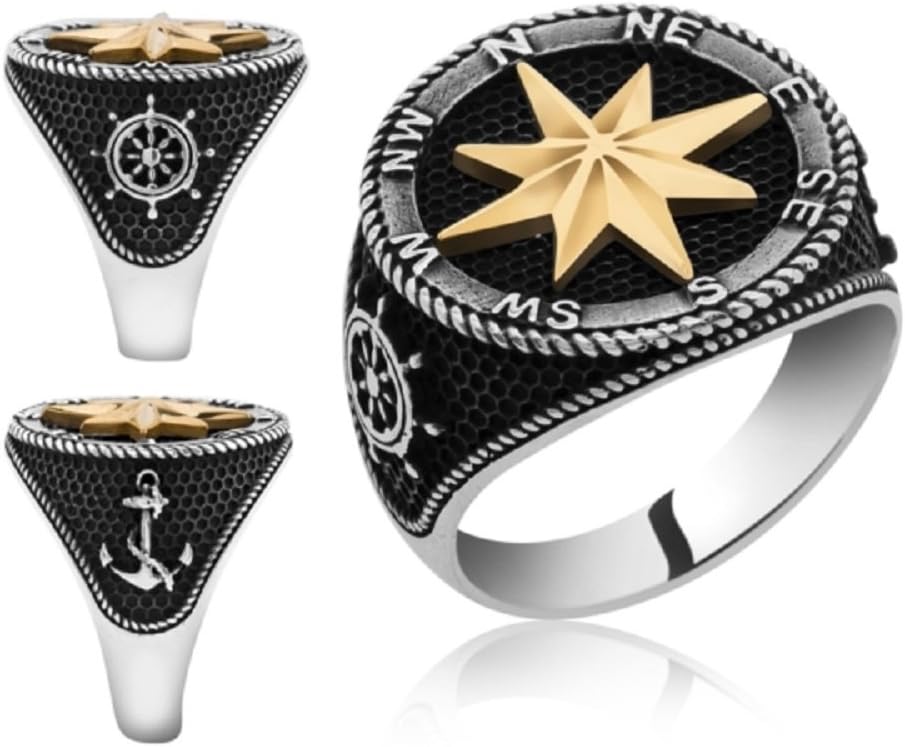 Turkish Jewelry Compass Rose Sailor Anchor 925K Sterling Silver Men's Ring