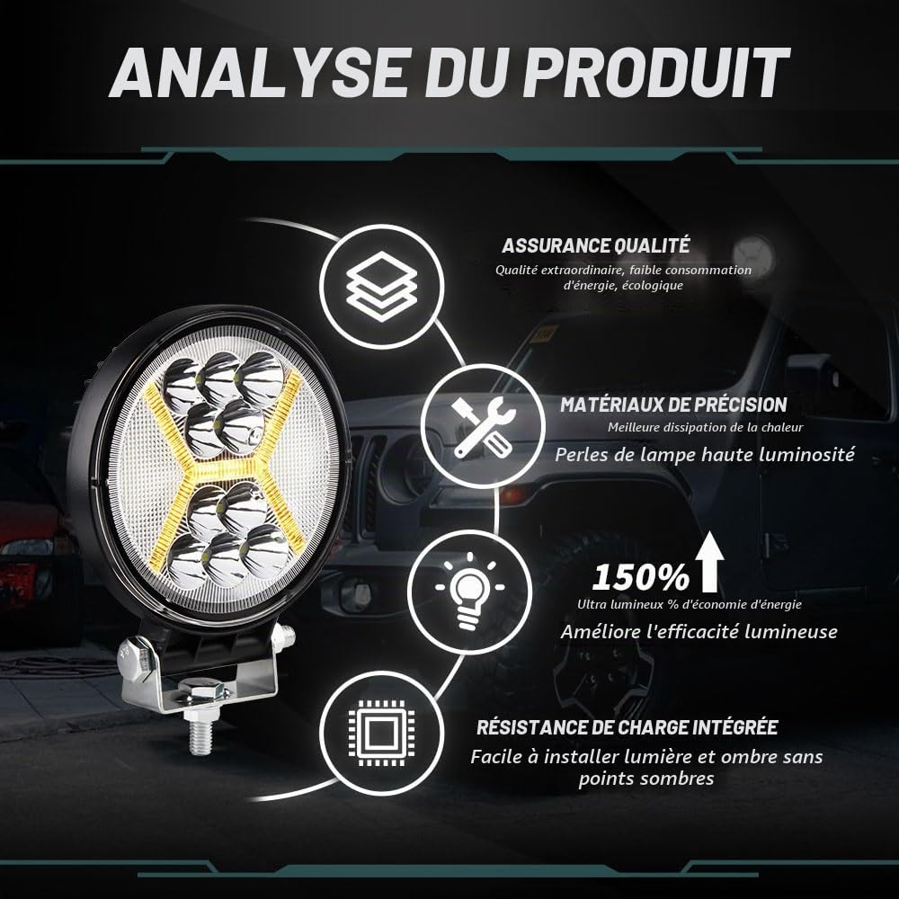Lampe de Travail LED Hors Route 72W avec DRL Antibrouillard D'alarme Stroboscopique Ambre 4,5" Off Road Spot Flood Combo Lumière Conduite Phare 12-36V LED pour Moto Bateau Camion-2PCS