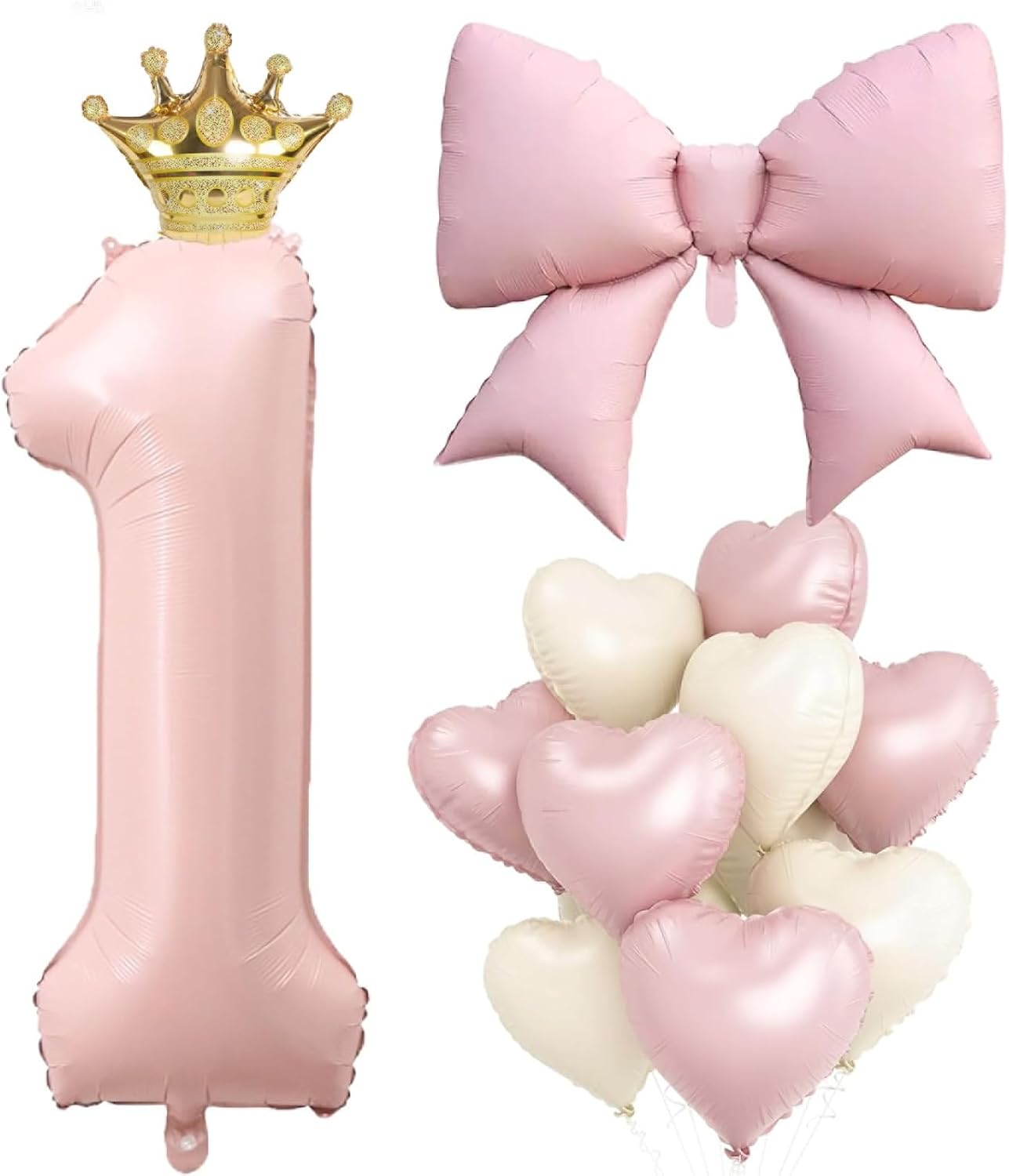 40inch Pink Number 1 Foil Balloon Set, Pink Balloon Bow Gold Crown Heart-shaped Balloons for Girls’ 1st Princess Birthday Party Decorations Supplies (Baby Pink 1)