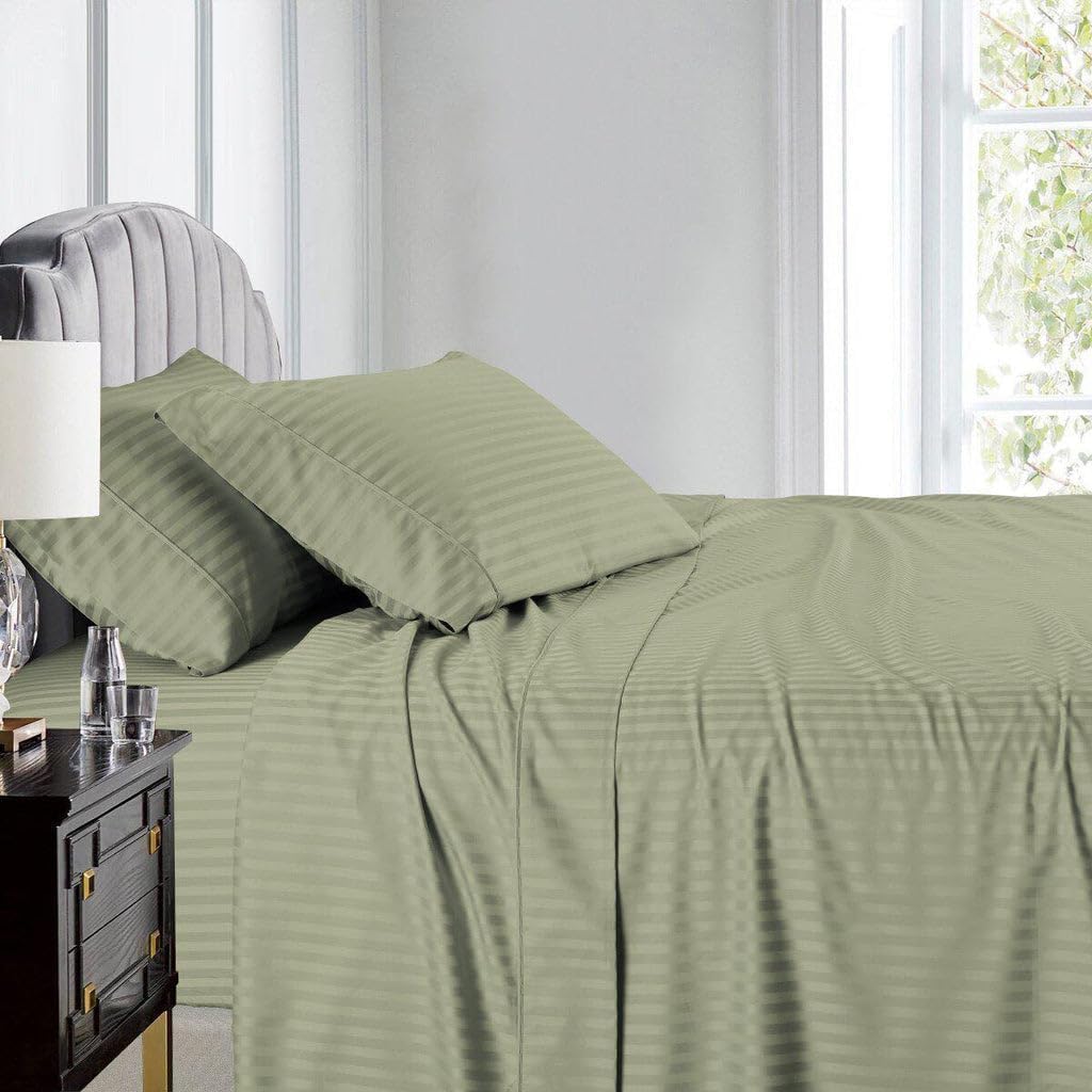 Stripes Sage 600 Thread Count Cal King Un-Attached Waterbed Sheets 100% Cotton 4pc Sheet Set