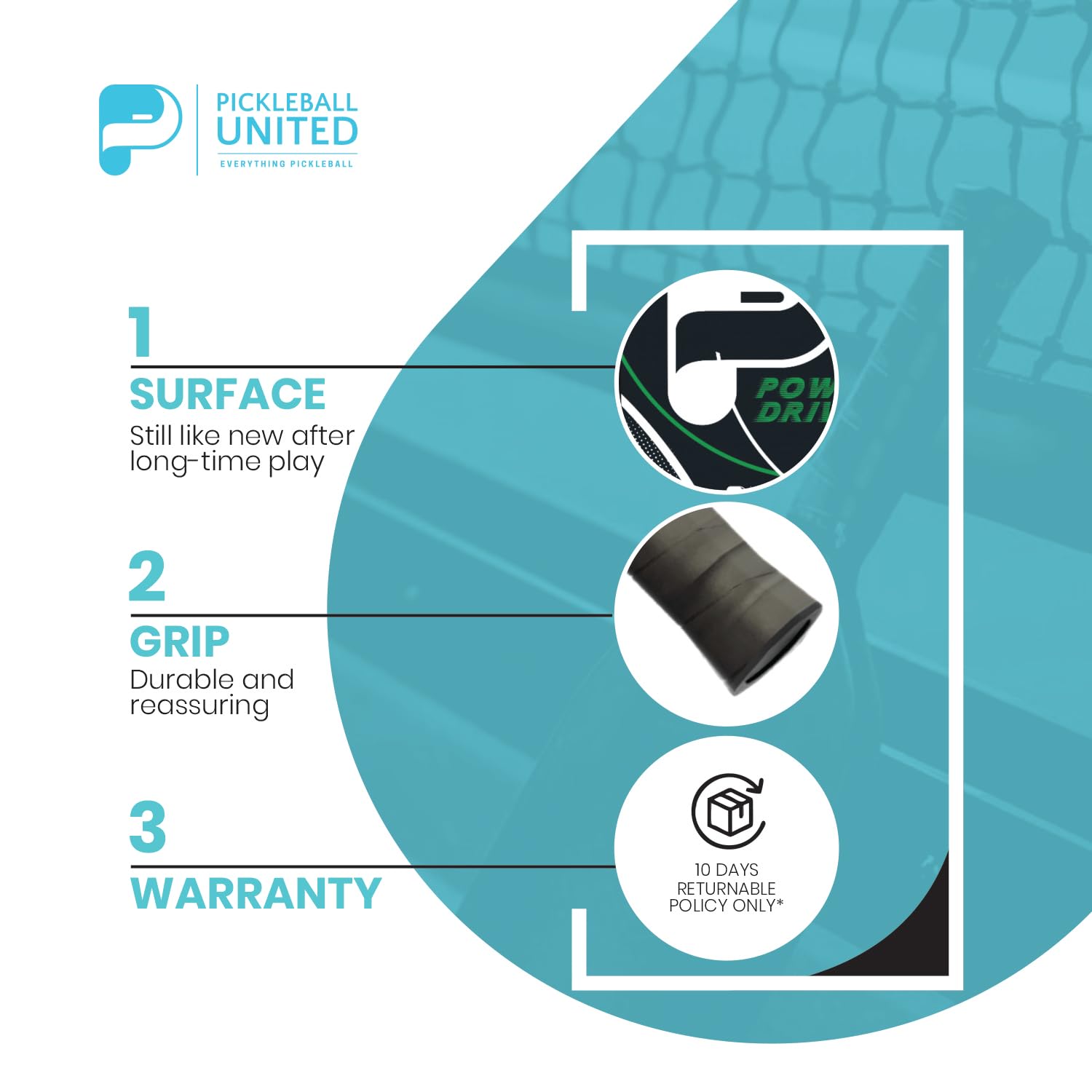 Pickleball United Powerdrive Pickleball Paddle Racquet, Firm Grip Lightweight Racket with Perforated Cork Sheet Surface| Indoor/Outdoor Play Compatible Side Edge Protection Ideal for Women and Men 4
