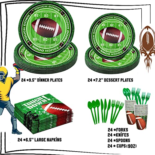Football Party Supplies Plates And Napkins 219Pcs Superbowl Decorations Cups, Cutlery, Napkins, Tablecloth, Banner, Hanging Swirl, Stickers And Balloons Serves 24 For Football Theme Touchdown Games #TOP1