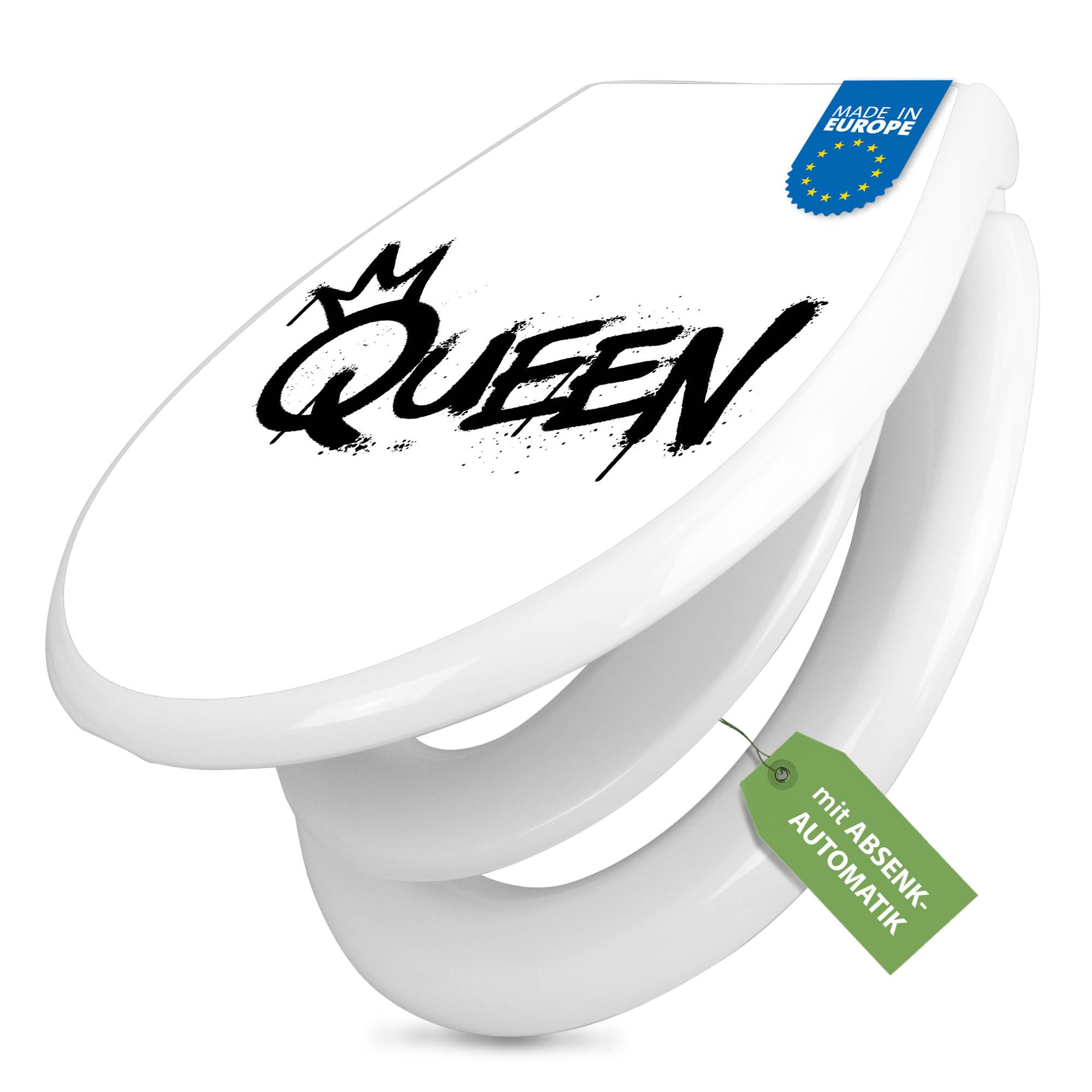 banjado Familien WC Sitz mit Absenkautomatik 44,9x37,1cm - Klobrille mit Kindersitz aus hochwertigem Polypropylen - Toilettendeckel mit Kinder Toilettensitz integriert - Motiv Queen Graffiti