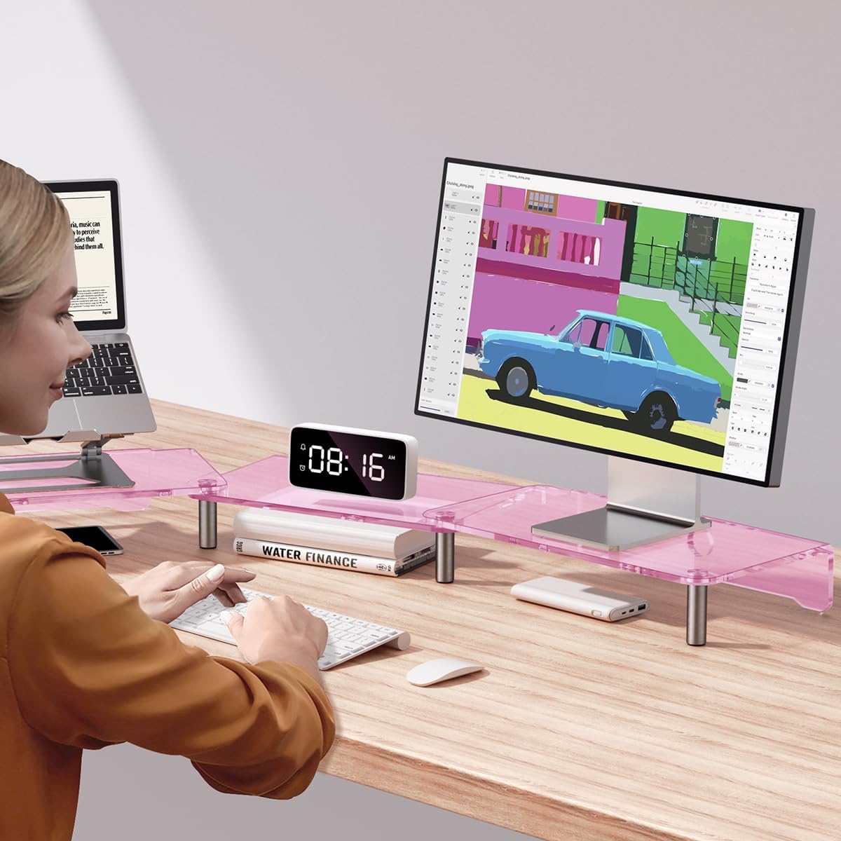 dual monitor stand riser, 3-layer pink acrylic monitor stand with anti slip pad, adjustable length and angle, suitable for 2 monitors, desktop, laptop, PC, printer, TV screen (Pink acrylic)