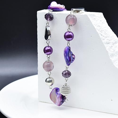 Miniatura 6 de FULU AUTUMN Collares largos de cuentas para mujer, collar de cadena de eslabones plateados con cuentas de cristal de concha, regalos de fiesta para