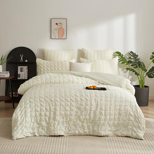 Gezu Seersucker Bed Linen Beige 135 x 200 cm Checked Embossed Brushed Summer Bed Linen Breathable Microfibre Bed Linen Romantic Duvet Cover 135 x 200 cm and 1 Pillowcase 80 x 80 cm with Zip