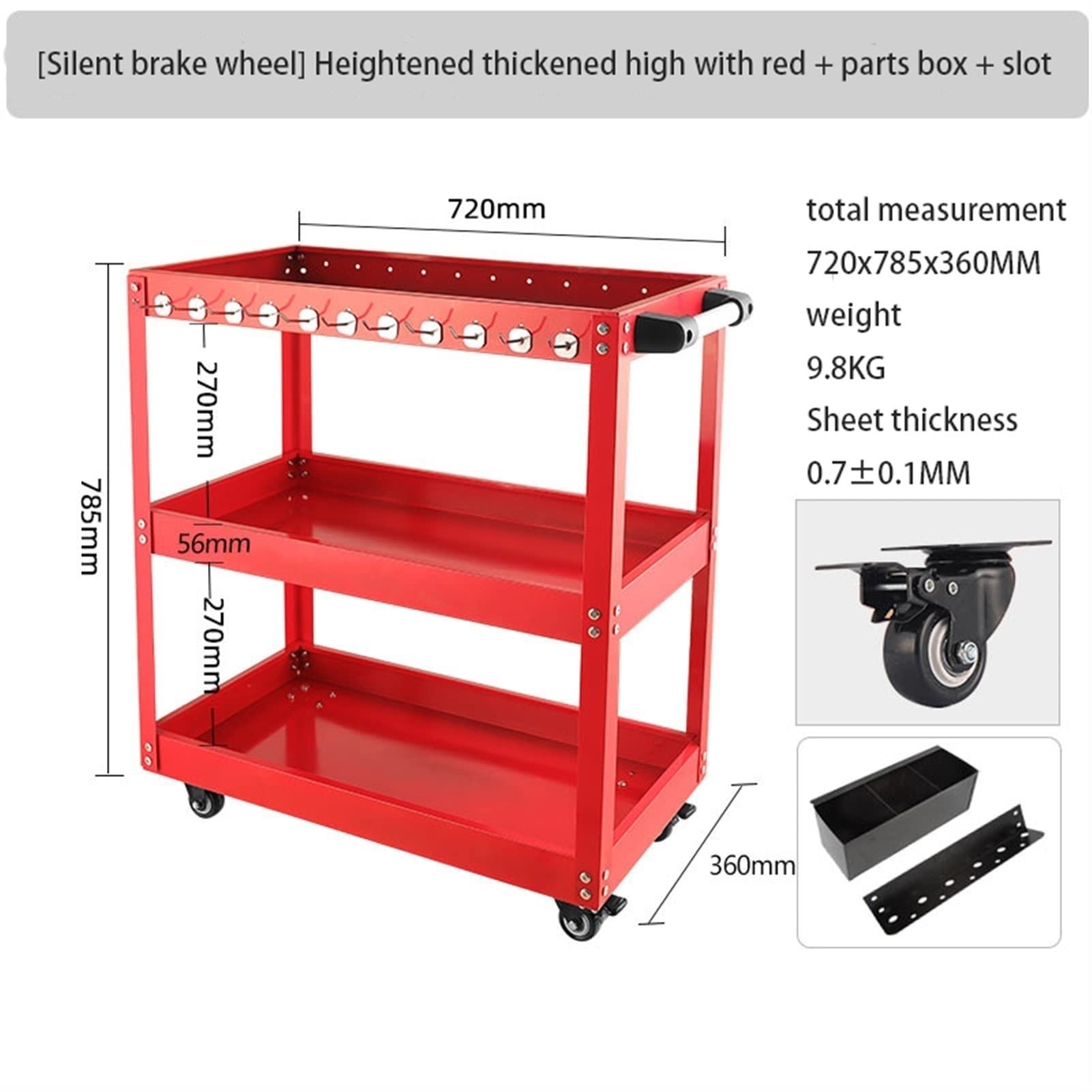 Chariot à outils roulant avec roulettes, organisateur d'outils d'atelier mécanique, organiseurs de garage système S, fente pour boîte de pièces rouges