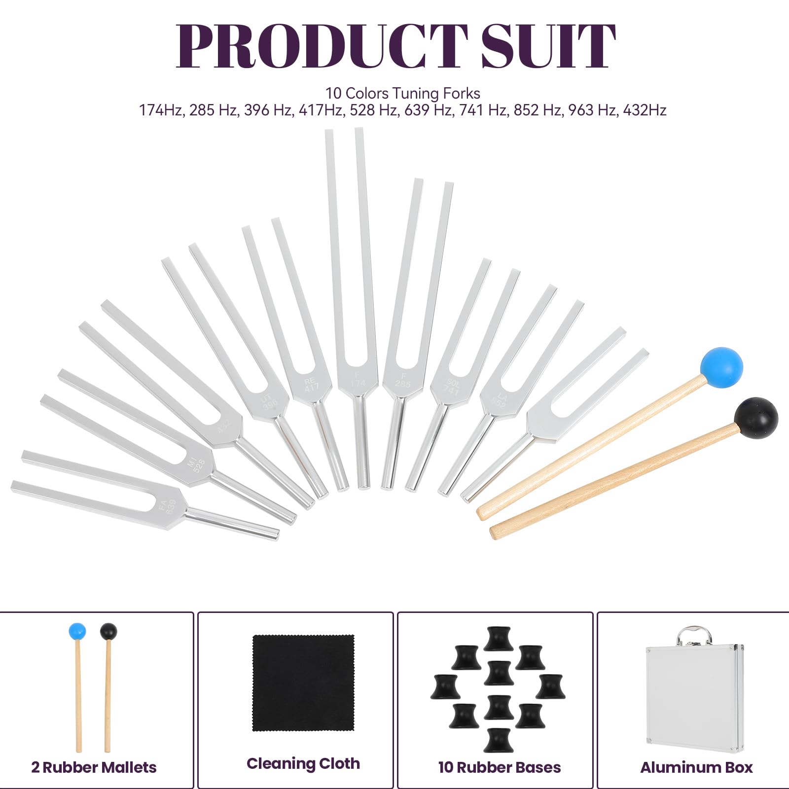 Solfeggio Tuning Forks for Healing, 10 Pcs Silver Unweighted Tuning Forks, Aluminum Alloy Material Tuning Fork Set with Exquisite Aluminum Box, Sound Healing Instruments for DNA Healing