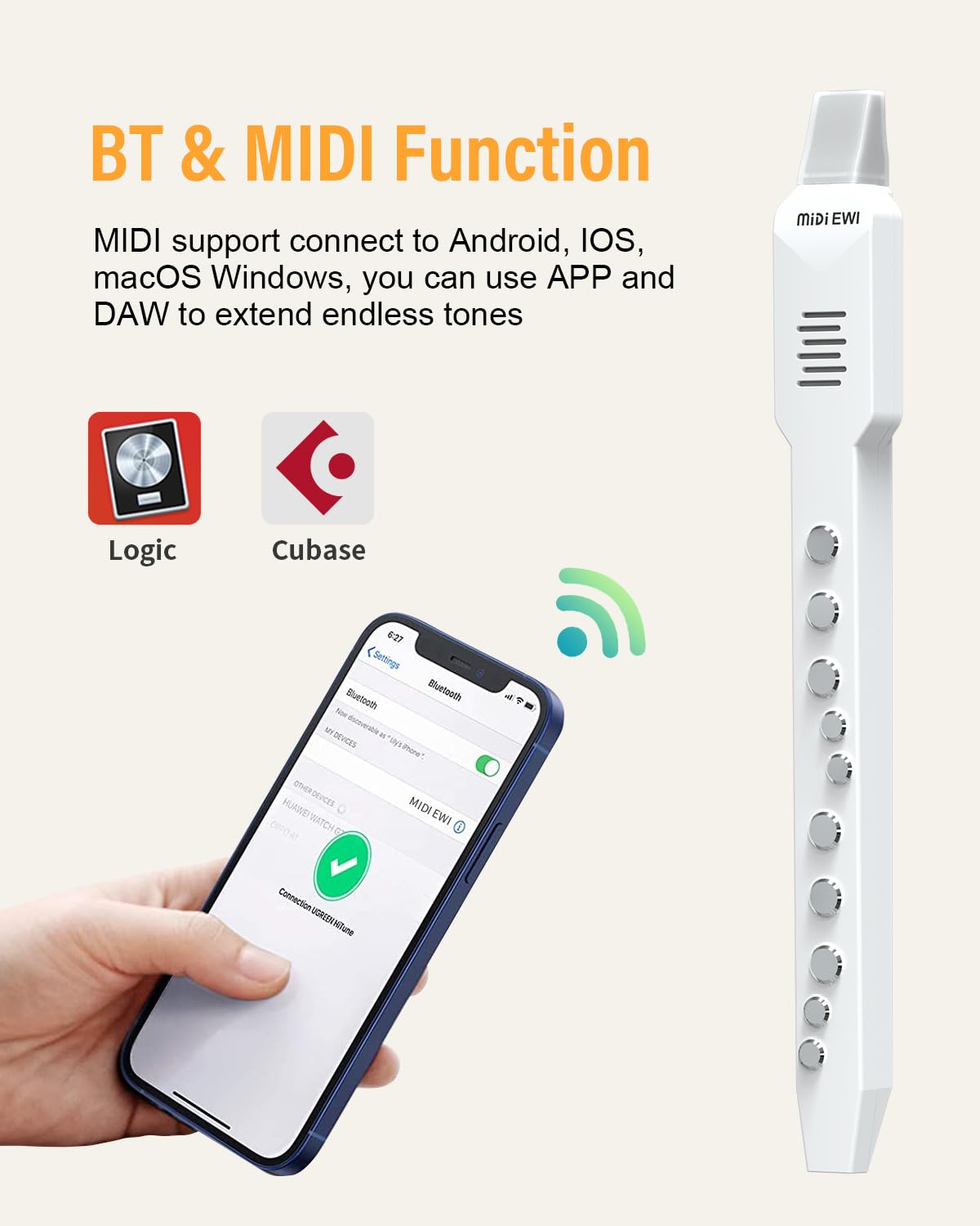 Digitales Blasinstrument Weiß MIDI-Bluetooth Elektronisches Blasinstrument Abnehmbare Düse Stromkabel 10 Instrumententöne