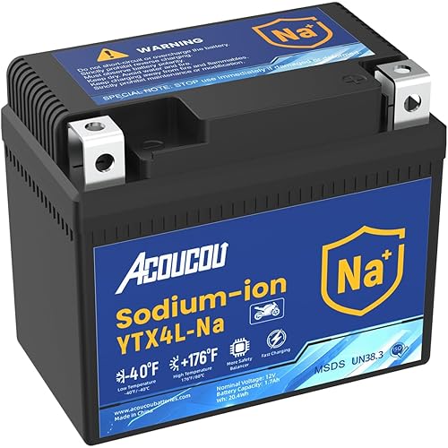 Acoucou YTX4L-BS Motorcycle Battery, 12V 1.7Ah Sodium-Ion Battery, 140CCA, High Performance Rechargeable Maintenance Free Batteries For Motorcycles, ATV, Lawn Mowers, Scooter,UTV, ect.
