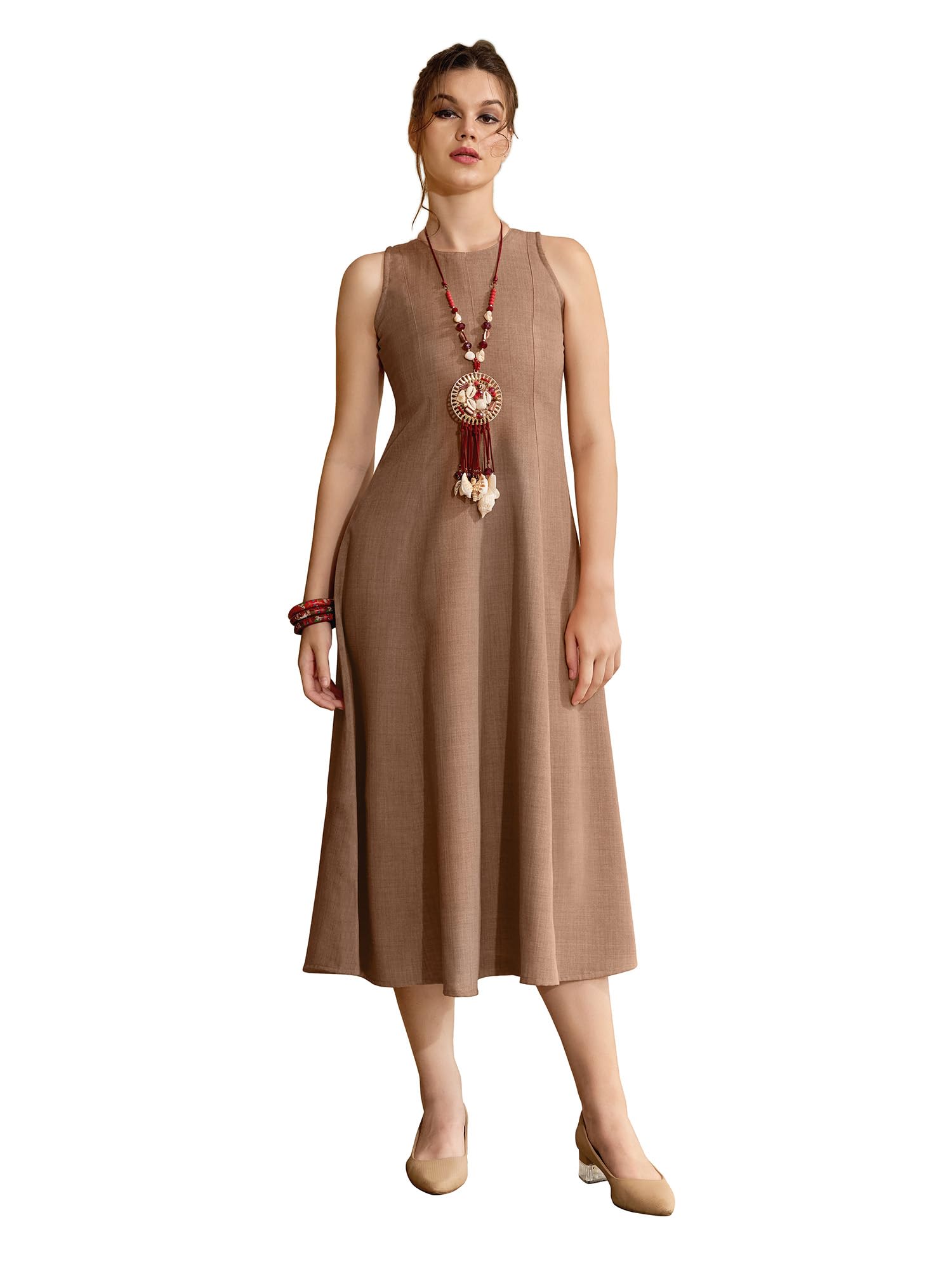 Women's Fit & Flare Midi Sleeveless Solid Dress-image-12