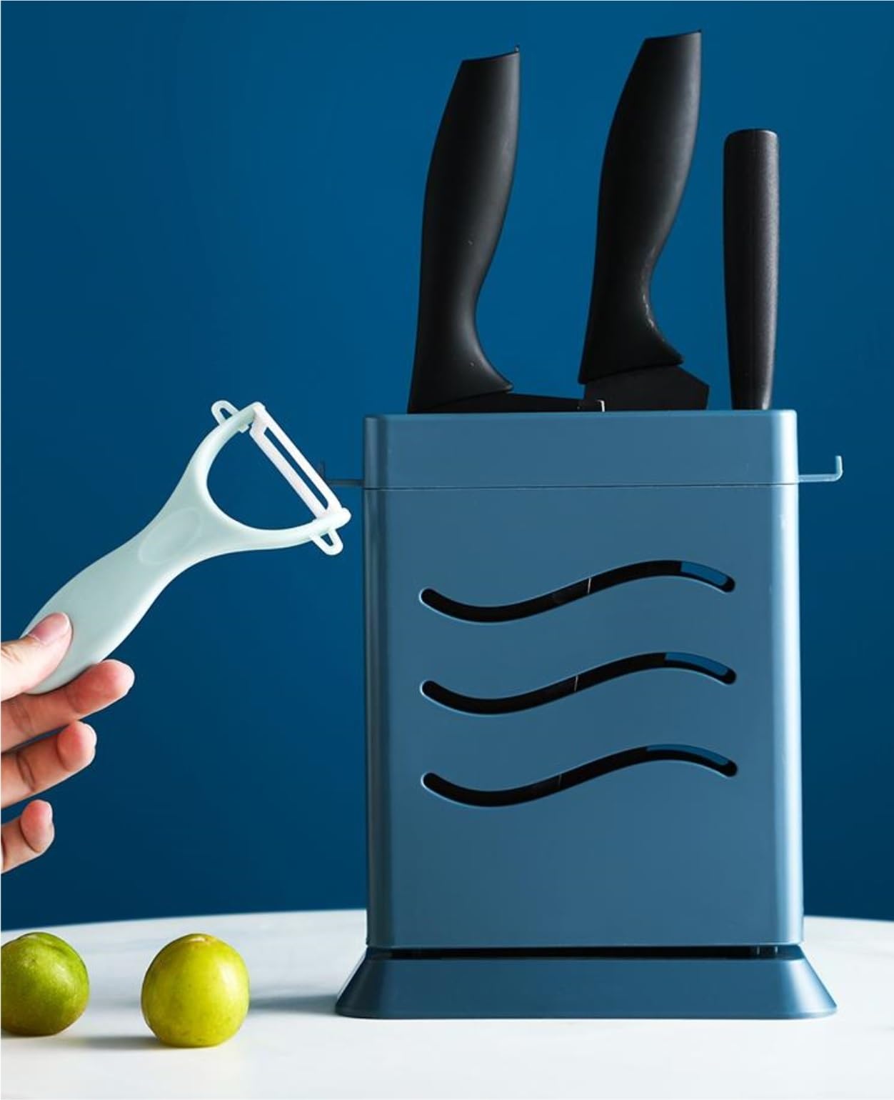 Pusty Blok na Noże Plastikowy Organizer Na Noże Z Odpływem I Bocznymi Haczykami Wielofunkcyjny Kuchenne(Blue)