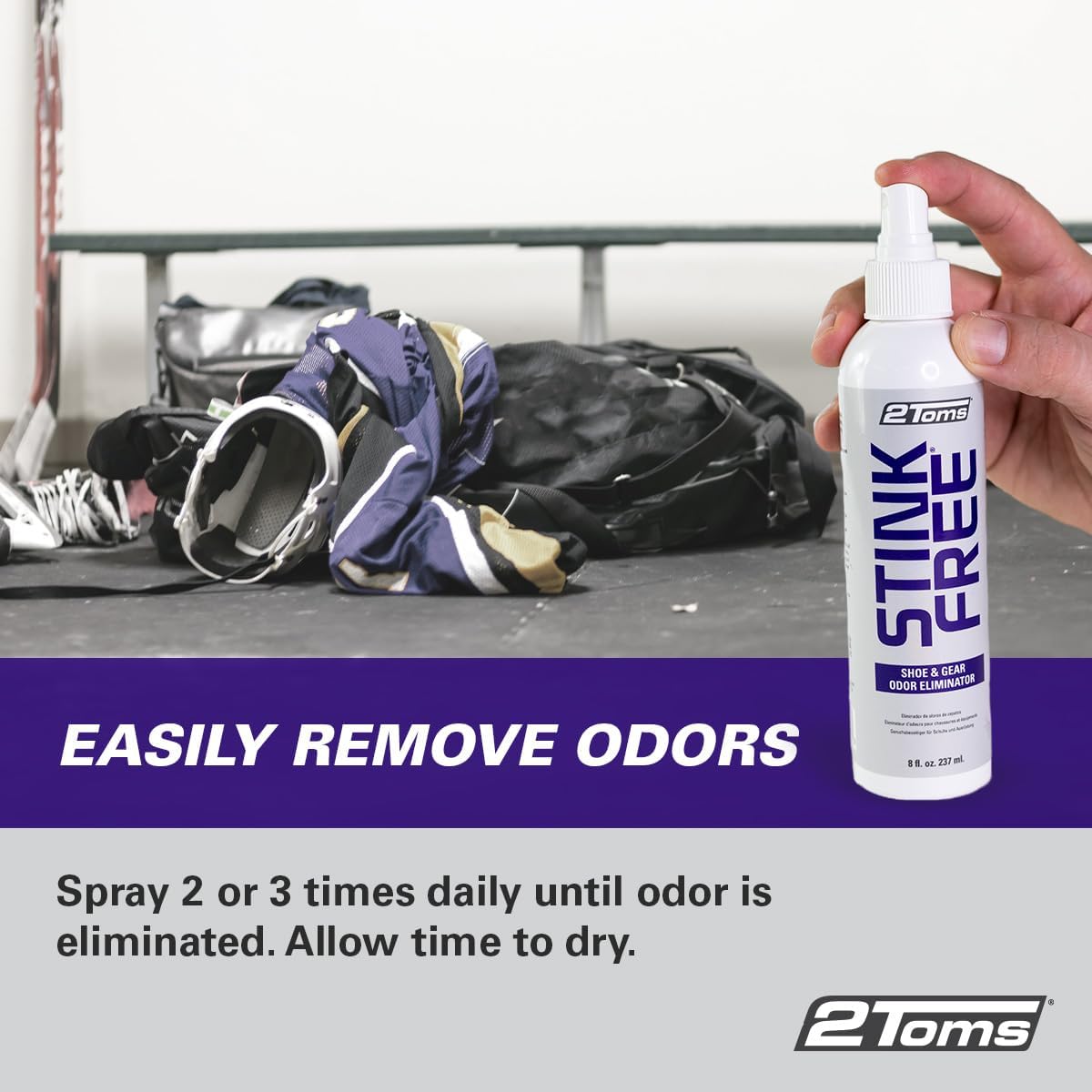 2Toms StinkFree Shoe Odor Eliminator Spray, Removes Odors Caused by Sweat in Shoes, Sneakers, Cleats, Boots & Gear, 8 Ounces, 2 Bottles