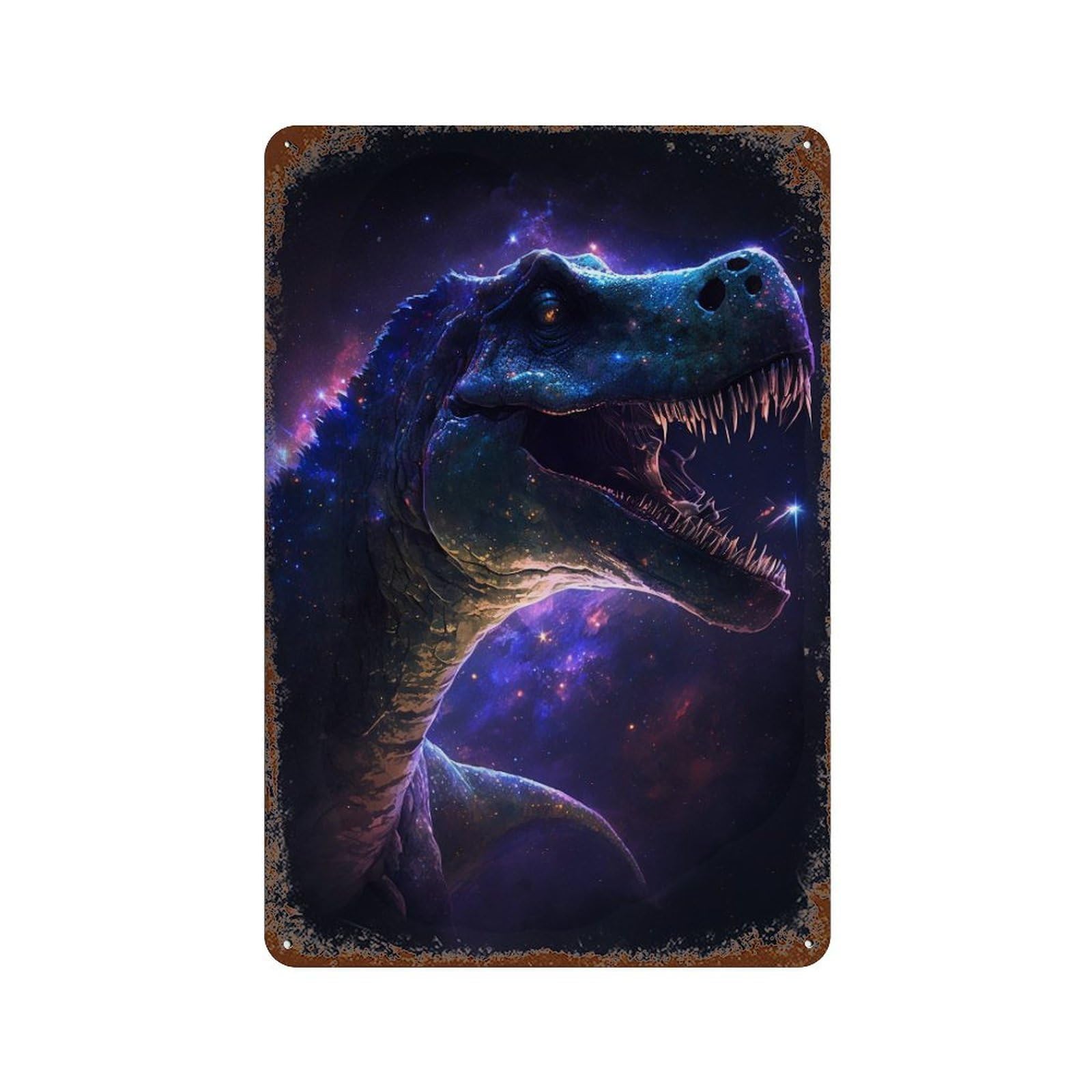 Galactic Dinosaur Art Print-6 Rust Effect Tin Sign 11.8"x7.9", Vintage Wall Decor for Bistro, Counter And Cafe Decor