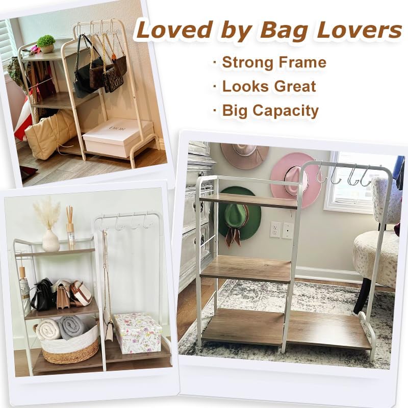 Purse Organizer for Closet, Large Capacity Purse Rack with 2 Purse Hangers and 5 Purse Hooks for Bag Organizer, Freestanding 3-Tier Handbag Organizer for Purse Storage, Ironwood Purse Holder, White - Image 7
