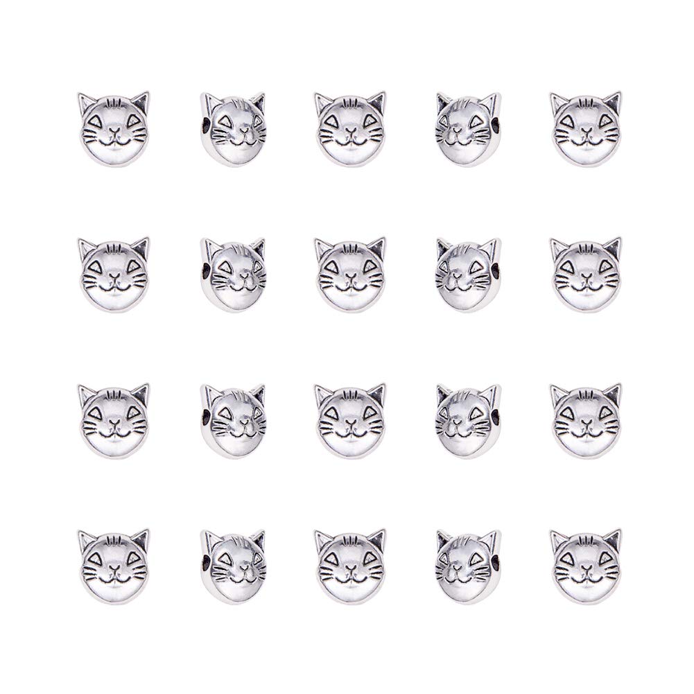 100 cuentas espaciadoras de gato de 0.315 x 0.315 in, aleación tibetana, cuentas de cabeza de gatito, cuentas de cabeza de gato de plata antigua para pulseras, collares, aretes