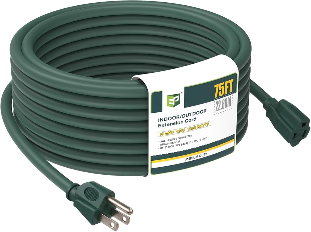 EP 75FT Green Outdoor Extension Cord, 16/3 SJTW Heavy Duty Waterproof, 3 Prong Grounded Plug, 13A 1625W 16AWG, Cold-Resistant Flexible Power Cable for Garden, Home, Christmas Lights