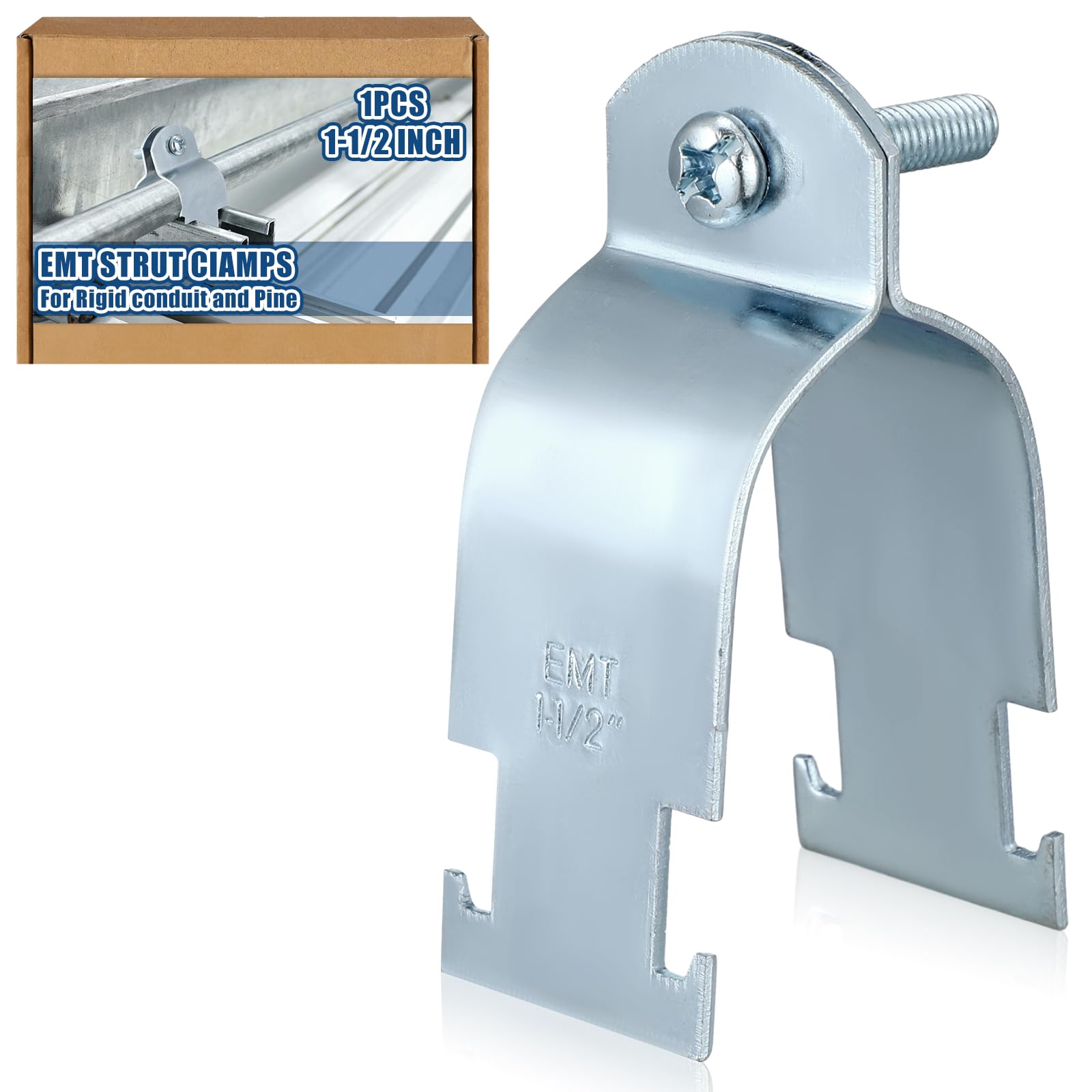 Landhoow Emt Pipe Universal Strut Clamps Strut Channel Accessory Electro Galvanized Conduit Clamp with Bolt and Nut, Rigid Pipe Tool(1-1/2 Inch,Silver,1 Pcs)
