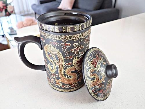 Miniatura 5 de 25DOL Taza de té chino con infusor y tapa de 10 onzas  Taza de café china de arcilla púrpura Yixing  Taza china con tapa  Taza de dragón chino  Taza
