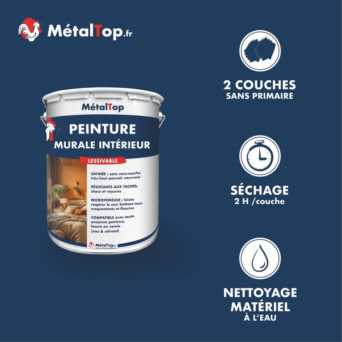 Metaltop - Peinture Murale Interieur - Vert mousse - RAL 6005-5 L - Haute couvrance pour murs en plâtre, placo et béton, rénovation rapide.